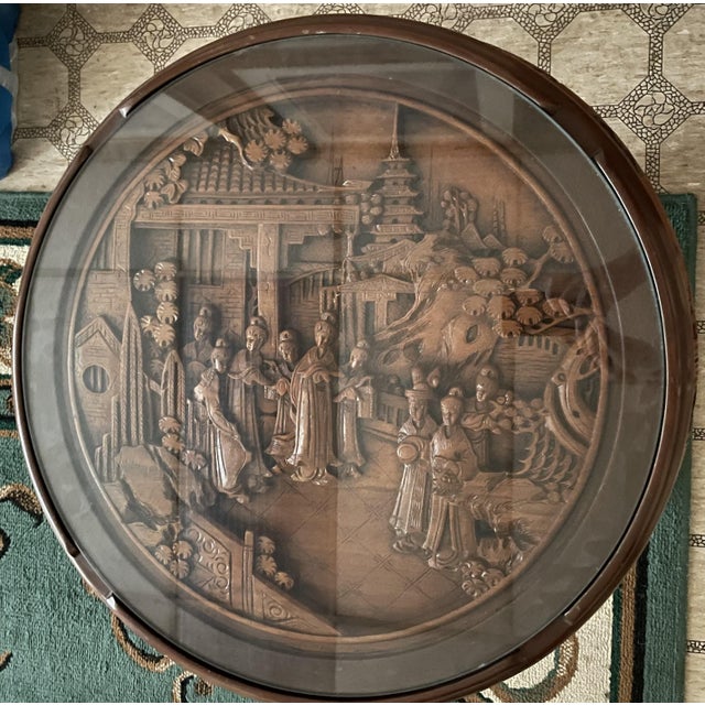 Chinese Chinoiserie Hand-Carved Circular End Tables - A Pair For Sale - Image 4 of 7