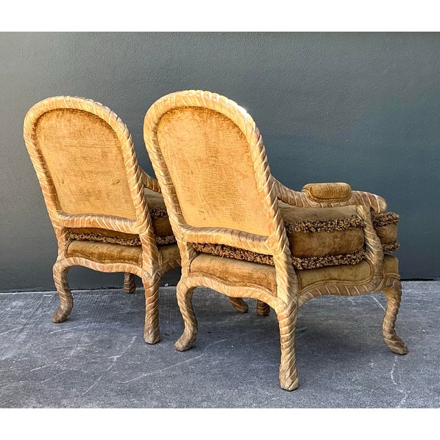 Vintage Velvet Fauteuil Chairs With Caterpillar Fringe For Sale - Image 12 of 12