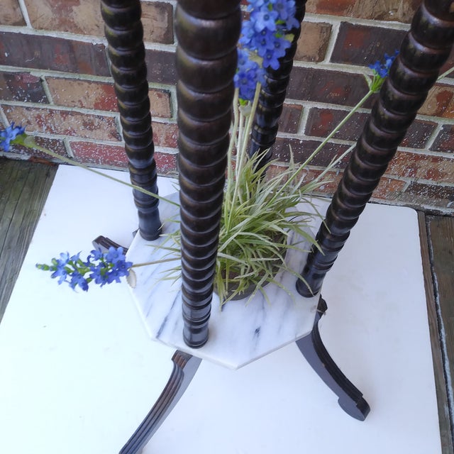 Mid Century Mahogany and Marble Two Shelf Plant Stand With Vetreria Operaia Lux Italian Vase For Sale - Image 4 of 18