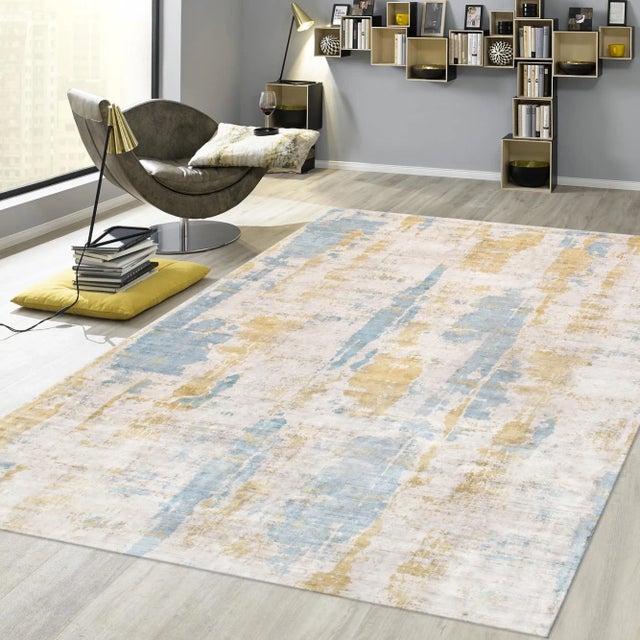 Pasargad Home Mirage Hand-Loomed Bamboo Silk Blue/Gold Area Rug - 4' 0" X 6' 0" For Sale In New York - Image 6 of 7
