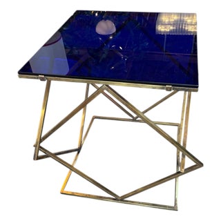 1970s Italian Geometric Brass Side Table With Blue Glass Top For Sale