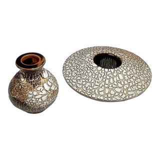Handmade Studio Art Pottery Vase Set of 2, Signed “Mh,” Abstract Design For Sale