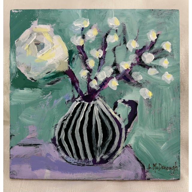 “Mint and Moonlight” Original Acrylic Expressive Floral Still Life by Linda McDonough For Sale - Image 4 of 9