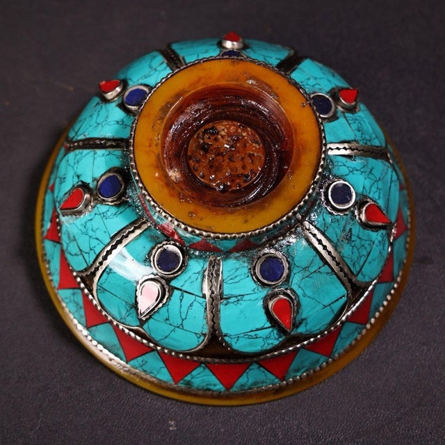 Tibetan/Nepalese Style Handmade Amber Butter Bowl — Inlaid Turquoise, Coral & Filigree Metal For Sale - Image 4 of 9