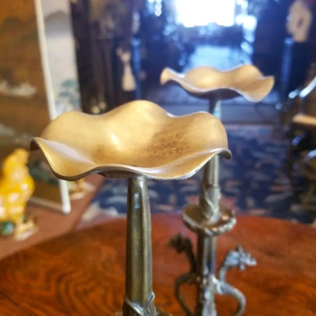 Pair of Mid 20th Century Brass Finish Dragon Candlesticks For Sale - Image 4 of 8