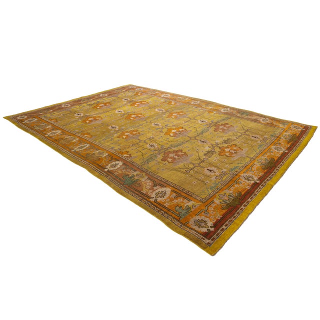 1990s Vintage Arts and Crafts Style Golden Ochre Wool Rug With Stylized Floral Motif For Sale - Image 5 of 11