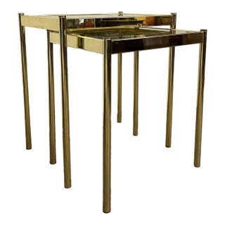 Mid Century Brass Plated and Smoked Glass Nesting Tables Belgo-Chrome Manner For Sale