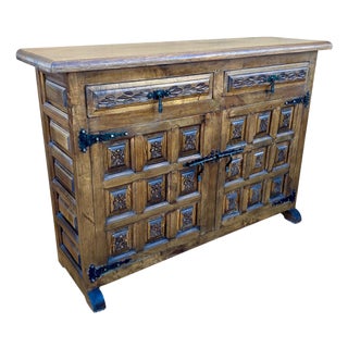 Spanish Revival Carved Wood Cabinet with Iron Hardware, 1940s For Sale
