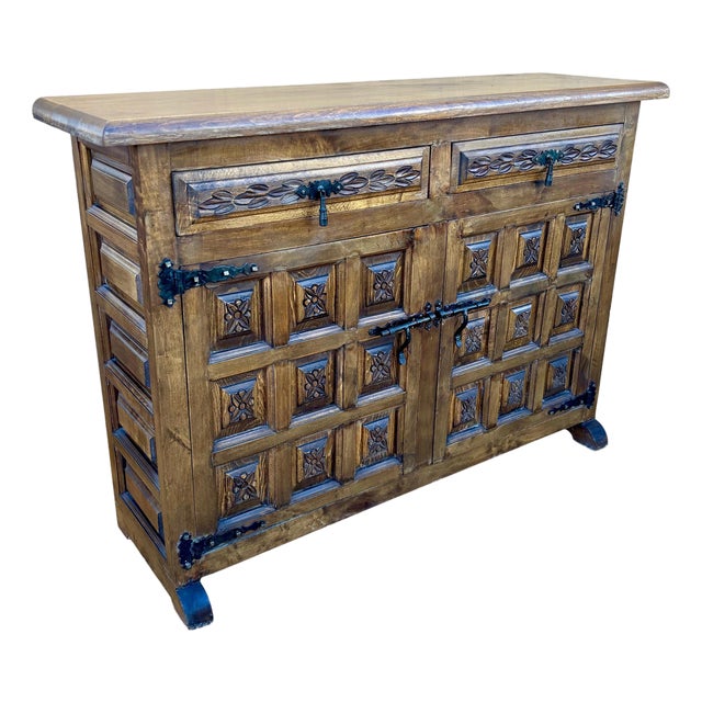 Spanish Revival Carved Wood Cabinet with Iron Hardware, 1940s For Sale