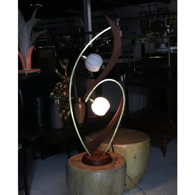 Mid-Century Modern Brass and Walnut Two Frosted Glass Globes Table Lamp For Sale - Image 10 of 11