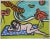 Fauvist impressionist nude a la Matisse, with leopards and lawn flamingos by a pool. In, blue, white, bright gold, aqua,...