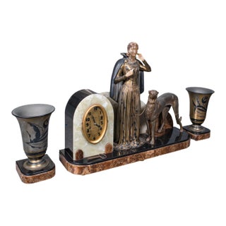 Large Vintage Figural Mantle Clock, French, Onyx, Pair of Garnitures, Art Deco For Sale