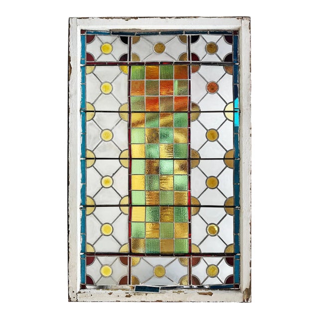 Skylight Antique Textured Leaded Stained Glass and Roundels For Sale