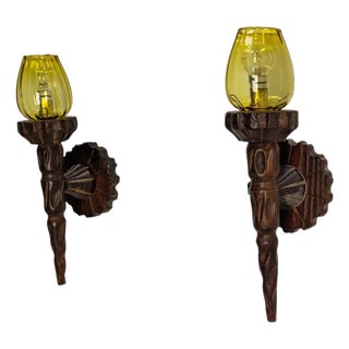 Colored Glass and Pine Sconces, France, 1940, Set of 2 For Sale