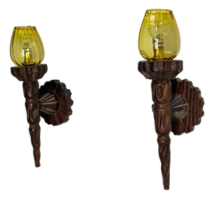 Colored Glass and Pine Sconces, France, 1940, Set of 2