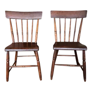19th Century Pair of Antique American Primitive Style Spindle Back Pine Side Chairs