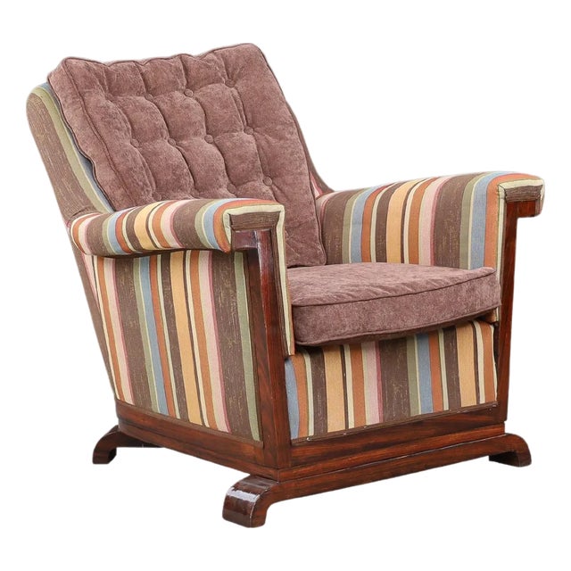 Large Art Deco Chair in Fabric and Walnut, 1930s For Sale