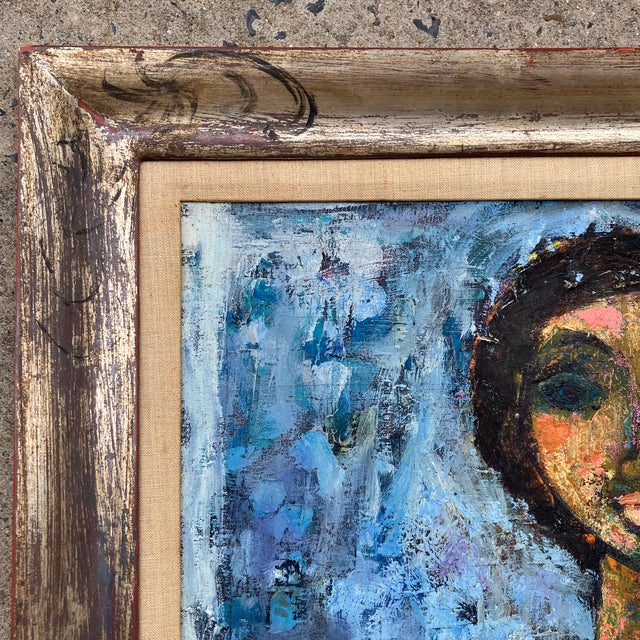1960’s Original Abstract Expressionist Portrait of Woman With Her Cat Fancy Silver Leaf Frame For Sale - Image 4 of 9