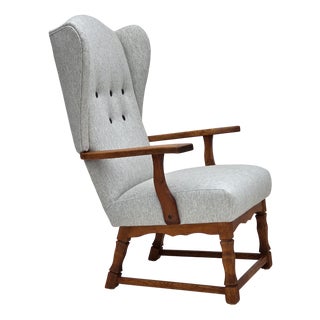 Danish High Back Armchair in Wool and Oak, 1950s For Sale
