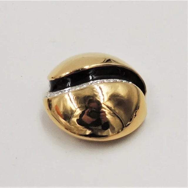 1980s 1980s Courreges Paris Goldtone Black Enamel & Clear Rhinestone Brooch For Sale - Image 5 of 8