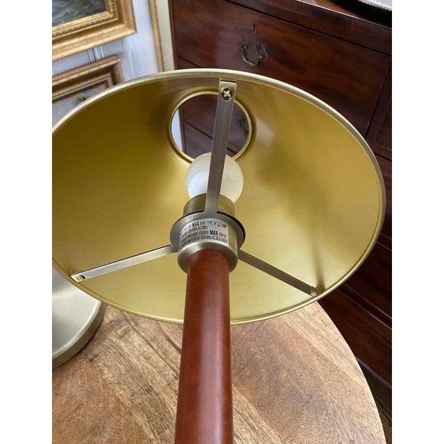 2010s Vintage Ralph Lauren Organic Modern 36” Tall Buffet Lamps Leather-Wrapped With Brushed Brass/Gold Fixtures and Metal Shades - a Pair For Sale - Image 5 of 7