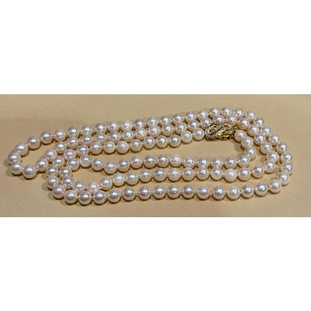 Gemstone Vintage Cultured Akoya Pearl Strand Necklace Opera Length with Diamond Clasp For Sale - Image 7 of 18