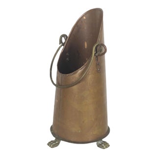 Vintage Tall Copper Coal Scuttle With Brass Handle and Paw Foot Details For Sale