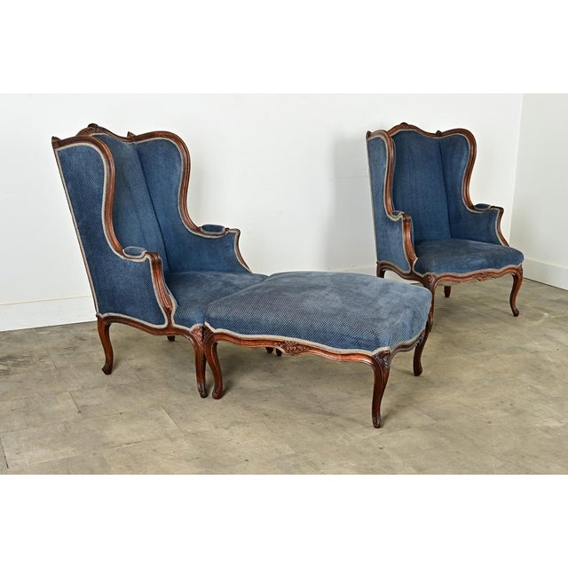 French Pair of Louis XV Wingback Bergeres & Ottoman For Sale - Image 12 of 12