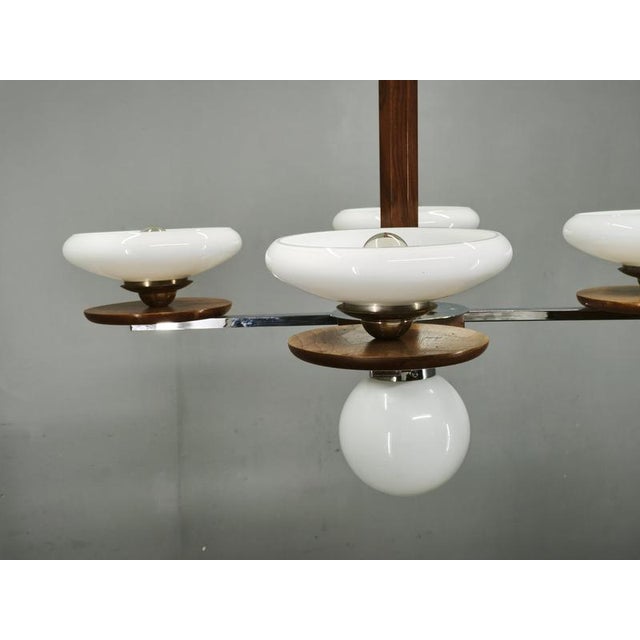 Czech Art Deco Chrome and Opaline Glass Chandelier in Walnut, 1930s For Sale - Image 6 of 17