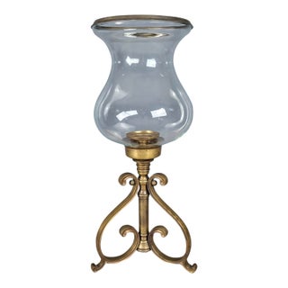 1990s 23.5" Castilian Imports Solid Brass Scroll & Glass Hurricane Candle Holder For Sale