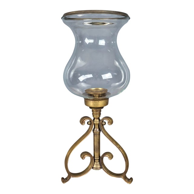 1990s 23.5" Castilian Imports Solid Brass Scroll & Glass Hurricane Candle Holder For Sale