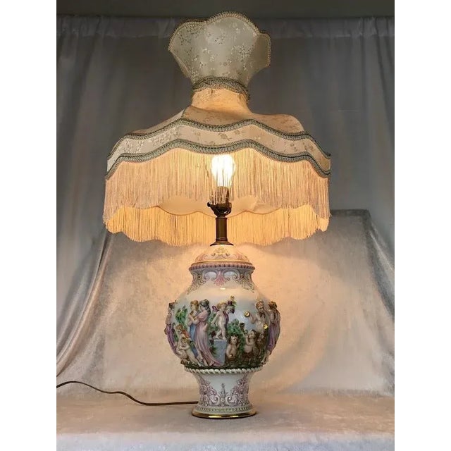 Victorian Italian Capodimonte Porcelain Lamp • Sculpted Mythological Figures • Victorian‑Style Shade For Sale - Image 3 of 12