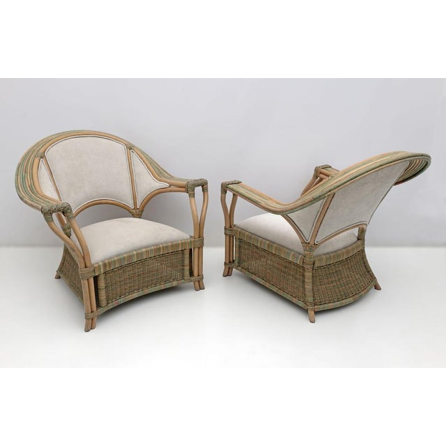 Pair of armchairs and two-seater sofa with rattan structure, wicker weaving entirely handmade. Italian design from the...