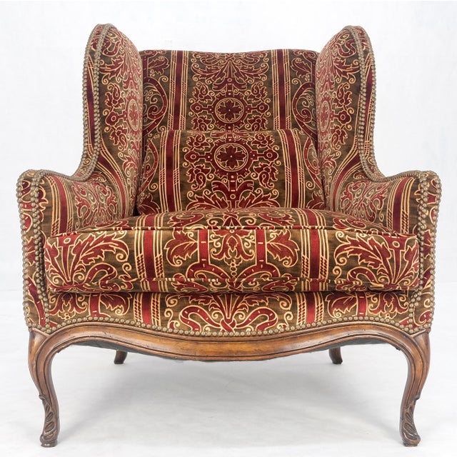Red Gold Brass Tacks Upholstery Carved Mahogany Base Legs Large Wing Chair For Sale - Image 10 of 12