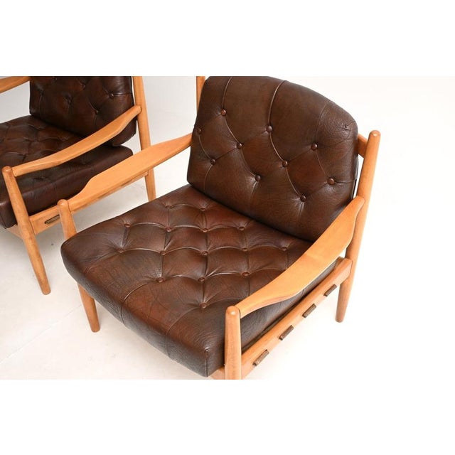 Brown Vintage Swedish Leather and Birch Armchairs by Ingemar Thillmark for OPE, 1960s, Set of 2 For Sale - Image 8 of 12