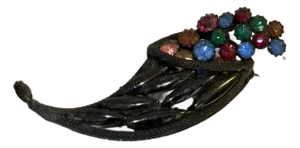 Large Black Metal/Multicolored Rhinestone Cornucopia Brooch