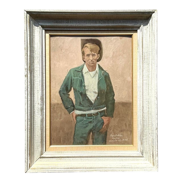 Vintage a Boho Original Oil Portrait of Cowboy For Sale