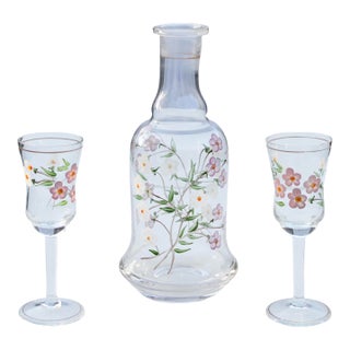 Mid 20th Century Handblown Colorful Floral-Patterned Decanter & Glasses- 3 Pieces For Sale