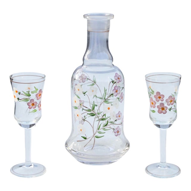 Mid 20th Century Handblown Colorful Floral-Patterned Decanter & Glasses- 3 Pieces For Sale