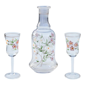 Mid 20th Century Handblown Colorful Floral-Patterned Decanter & Glasses- 3 Pieces