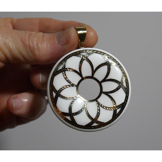 Large Medallion 14K White Chalcedony Pendant A very unqiue piece that makes a statement. A large carved round piece of...