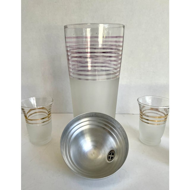 Metal 1940s Art Deco Gold Striped and Frosted Shot Glass and Mixer Set - Set of 10 For Sale - Image 7 of 8