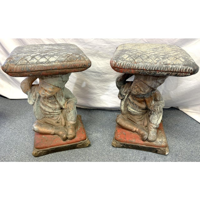 Vintage Cast Cement Figural Putti Garden Stools- A Pair For Sale - Image 12 of 18