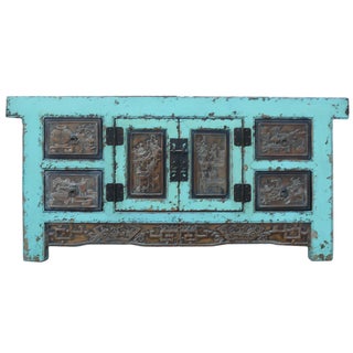 Chinese Carving Rustic Blue Low Tv Console Cabinet For Sale