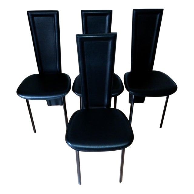 Vintage Black Leather Dining Chairs, 1980s, Set of 4 For Sale
