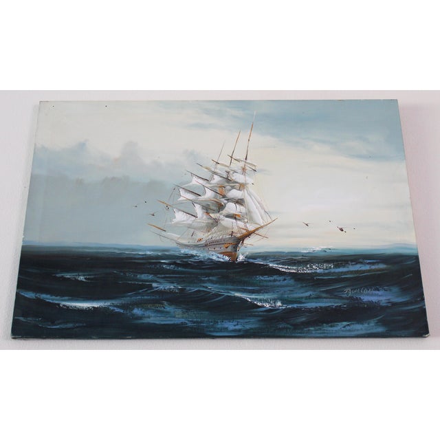 Nautical Vintage Mid-20th Century Signed Maritime Oil Painting of Tall Ship at Sea – Nautical Seascape on Canvas For Sale - Image 3 of 14