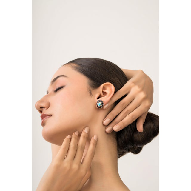 6.46ct Turquoise Sapphire Diamond Halo Floral Cluster Stud Earrings in 14k Gold-a Pair For Sale In New York - Image 6 of 14