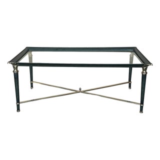 Mid Century Rectangular Coffee Table, Green Iron with Bronze and Brass Details For Sale