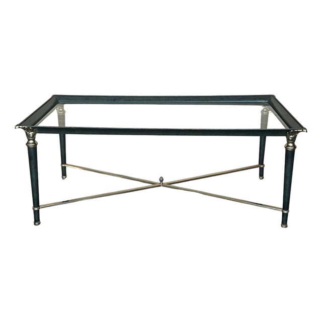 Mid Century Rectangular Coffee Table, Green Iron with Bronze and Brass Details For Sale