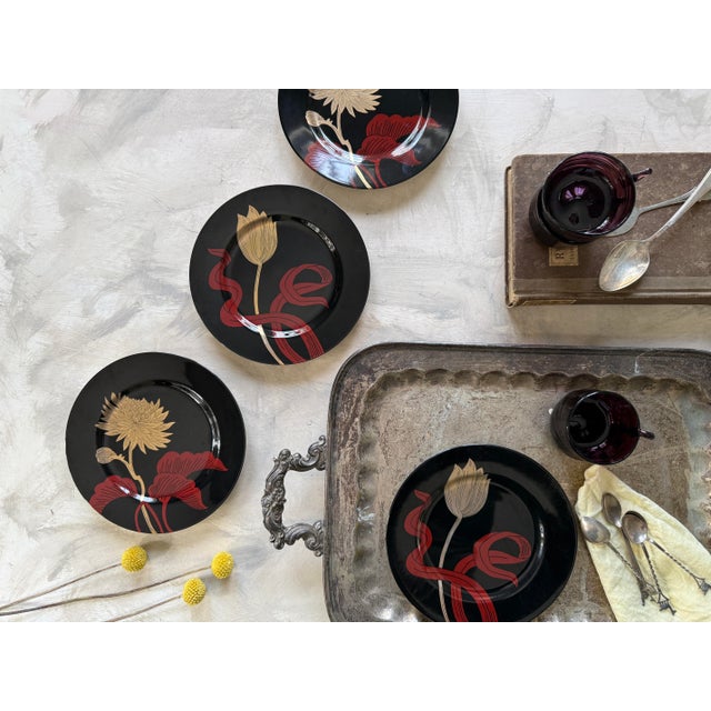 Fitz and Floyd Black Floral Salad Plates 1979 Vintage Porcelain 7.5 Inch - Set of 4 For Sale - Image 11 of 11